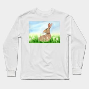 Rabbit with Daisies Fine Art Watercolor Long Sleeve T-Shirt